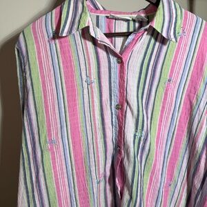 Y2K Pink Green Striped Button Up with Embroidered Flowers and Butterflies Sz 18W